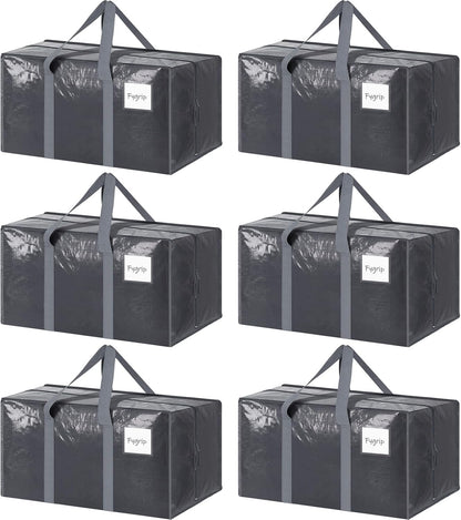 6 Pack Extra Heavy Duty Large Moving Bags with Strong Zipper & Comfortable Handles, Sturdy & Durable Clothes Storage Bags Totes Bins, Packing Moving Boxes for College Supplies, Gray