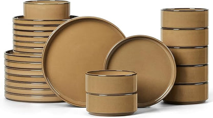 LIANYU 24 Piece Stoneware Dinnerware Sets, Modern Plates and Bowls Dishes Set for 8, Elegant Dinning Dishware for Dinner Salad Cereal, Dishwasher & Microwave Safe, Amber Gold