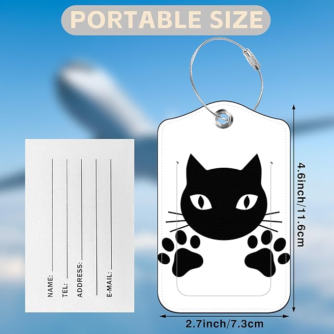 2 Pcs Cute Black Cat Luggage Tags for Suitcases PU Leather Paw Baggage Tags Name ID Label with Privacy Cover and Stainless Steel Loop for Men Women Travel Bag Suitcase