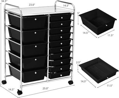 GOFLAME 15-Drawer Rolling Storage Cart, Multipurpose Movable Organizer, Utility Cart for Home, Office, School, Black