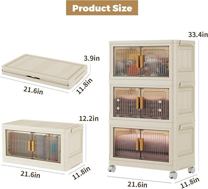 3 Tier Stackable Plastic Storage Bins with Lids 48QT, Collapsible Closet Organizers and Storage with Wheels for Living Room,Office,Dorm
