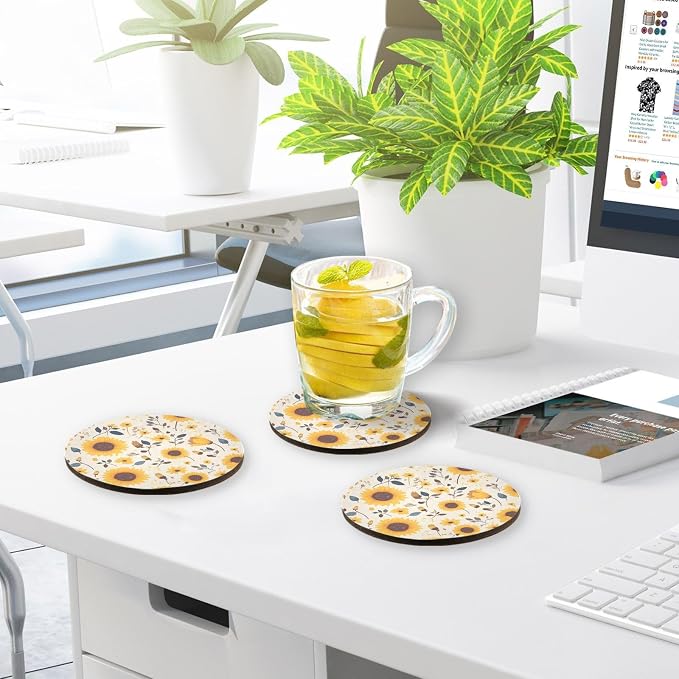 Sunflower Cow Leather Skin Brown Pattern Round Coasters