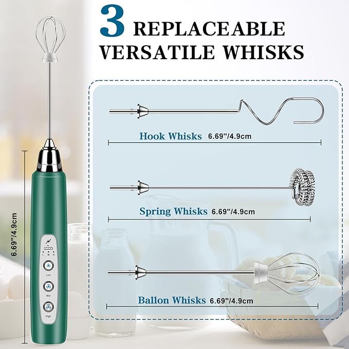 Milk Frother Handheld for Coffee, Electric Whisk 3 Speed Adjustable, Drink Mixer with Stainless 3 Whisks, Rechargeable Hand Frother Wand, for Latte Cappuccino Hot Chocolate Egg Green