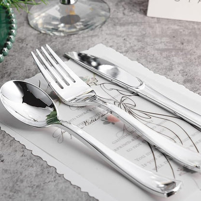 N9R 120PCS Silver Plastic Silverware, Silver Plastic Cutlery Set Disposable Flatware Dinnerware -60 Forks, 30 Spoons, 30 Knives for Wedding, Party, Birthday and Daily Use