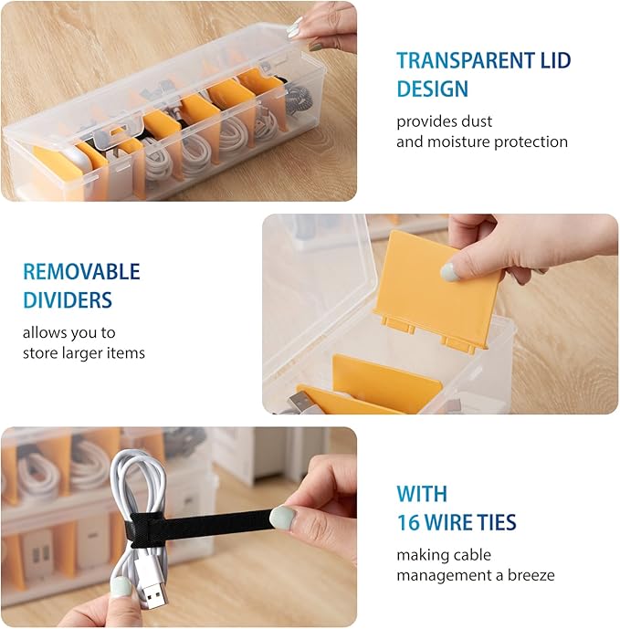2 Pack Cable Organizer Storage Box with 16 Cable Ties, Clear Phone Charger Organizer Case Wire Organizers for Cords Electronic Storage Box for Drawer Desk Office Home