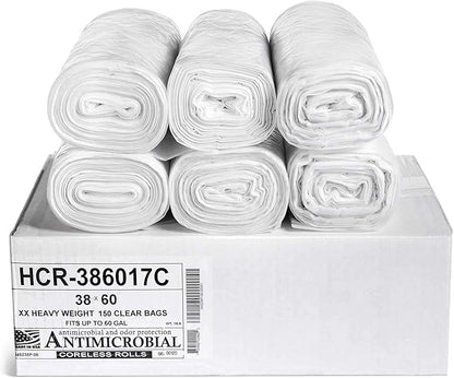 Aluf Plastics High Density Trash Bags, 60 Gallon, 150 Count, 17 Micron (eq), 38" x 60", Clear, for Bathroom, Office, Industrial, Commercial, Janitorial, Municipal, Recycling