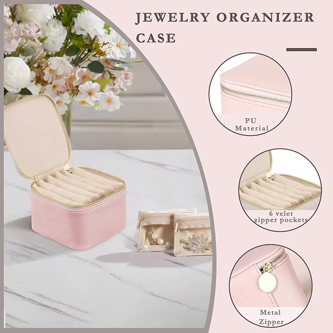 Jewelry Box Organizer for Women,Small Travel Jewelry Case,Mini Travel Jewelry Organizer with 6 Velvet Jewelry Zipper Pouches, Jewelry Box Organizer for Gift Idea for Girls(Pink)