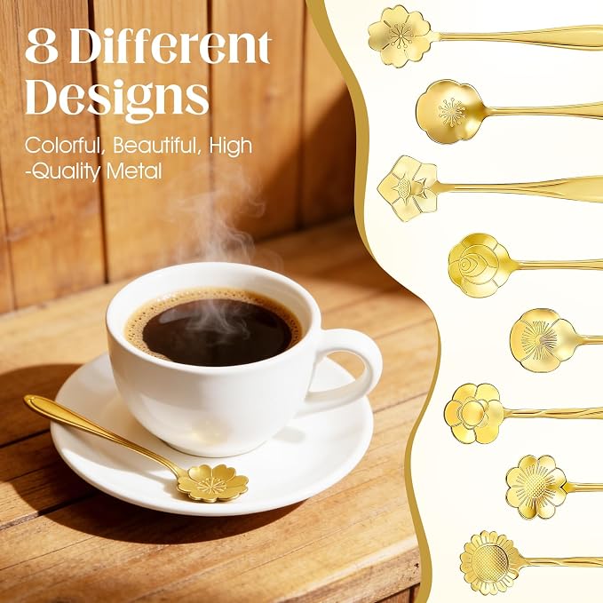 8-Piece Golden Flower Tea Spoon Set | Stainless steel gold spoons;