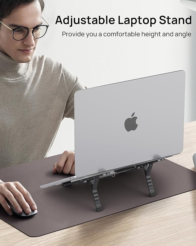 SODI Ultra Compact Foldable Laptop Stand - Portable Laptop Holder for Desk & Travel Use, Ergonomic Aluminum Computer Holder with Adjustable Height for MacBook, Tablet 10-16" (Dark Black, Bi-Fold)