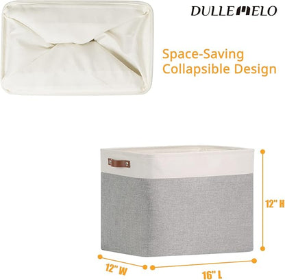 DULLEMELO Storage Baskets Large 16"x12"x12" Tall Rectangular Baskets Fabric Storage Bins for Organizing [1 Pack] Collapsible Linen Shelf Baskets for Clothes, Toys, Closet, Laundry (White&Grey)
