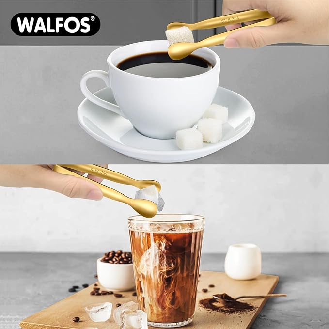 Walfos Small Gold Tongs For Serving,Food Grade Stainless Steel 4" Mini Tongs Appetizers for Parties Catering, Sugar，Desserts，Tea Party, Coffee Bar, Set of 12 （Gold）