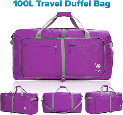 Bago Large Foldable Duffel Bags for Traveling Women & Men - 100L Packable Duffle Bag for Travel with Shoe Compartment - Water Repellant, Heavy Duty, Lightweight Folding & Collapsible (Purple)