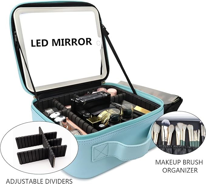 Travel Makeup Bag with LED Mirror Travel Makeup Organizer with 3 Lighted Settings, Adjustable Dividers and Makeup Brush Storage Bag Light Blue