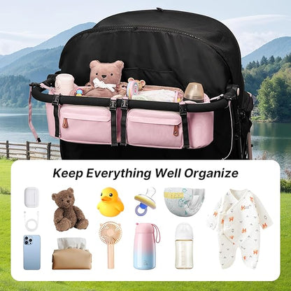Double Stroller Organizer for Bob Duallie and Baby Jogger City Mini GT2, Double Stroller Caddy Organizers with Cup Holder and 2 Cooler Pockets Parent Console Double Stroller Accessories