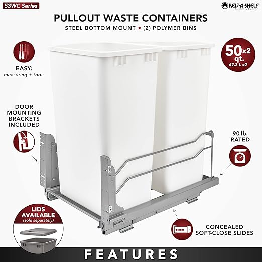 Rev-A-Shelf Double Pullout Trash for Full Height Kitchen Cabinets 50 Quart 12.5 Gallon with Soft-Close Slides, Metallic Silver, 53WC-2150SCDM-217