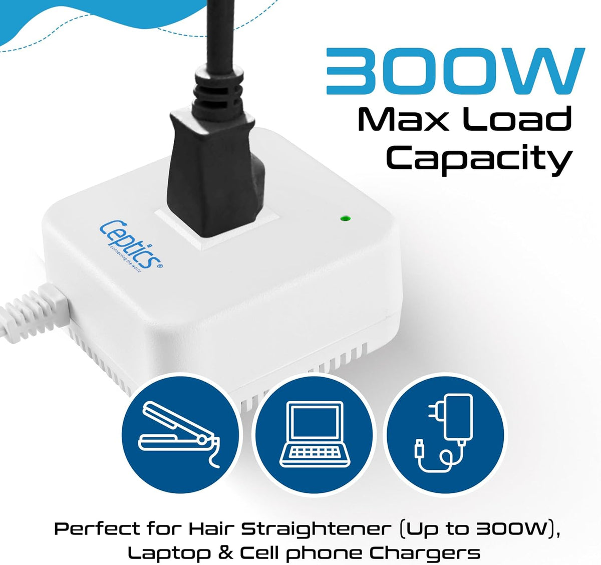 Ceptics 300 Watt Step Down Voltage Converter – Converts 220V/240V to 110V/120V – Perfect for Hair Straighteners, Laptops, and Chargers – CE Certified Travel Converter