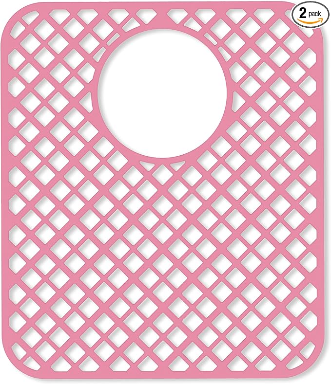 2 Pack Silicone Sink Protectors for Kitchen Sink, Lozenge Pattern 13 x 11 Inches Sink Mat, Non-Slip and Durable Sink Protector Silicone, Rear Drain, Pink