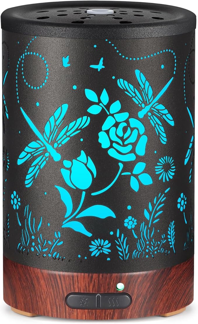 Essential Oil Diffuser- Aromatherapy Diffuser with7 Colors Light and Auto-Off for Women Metal Cool Mist Humidifier for Home and Office for Mom Women(Roses + Dragonflies)