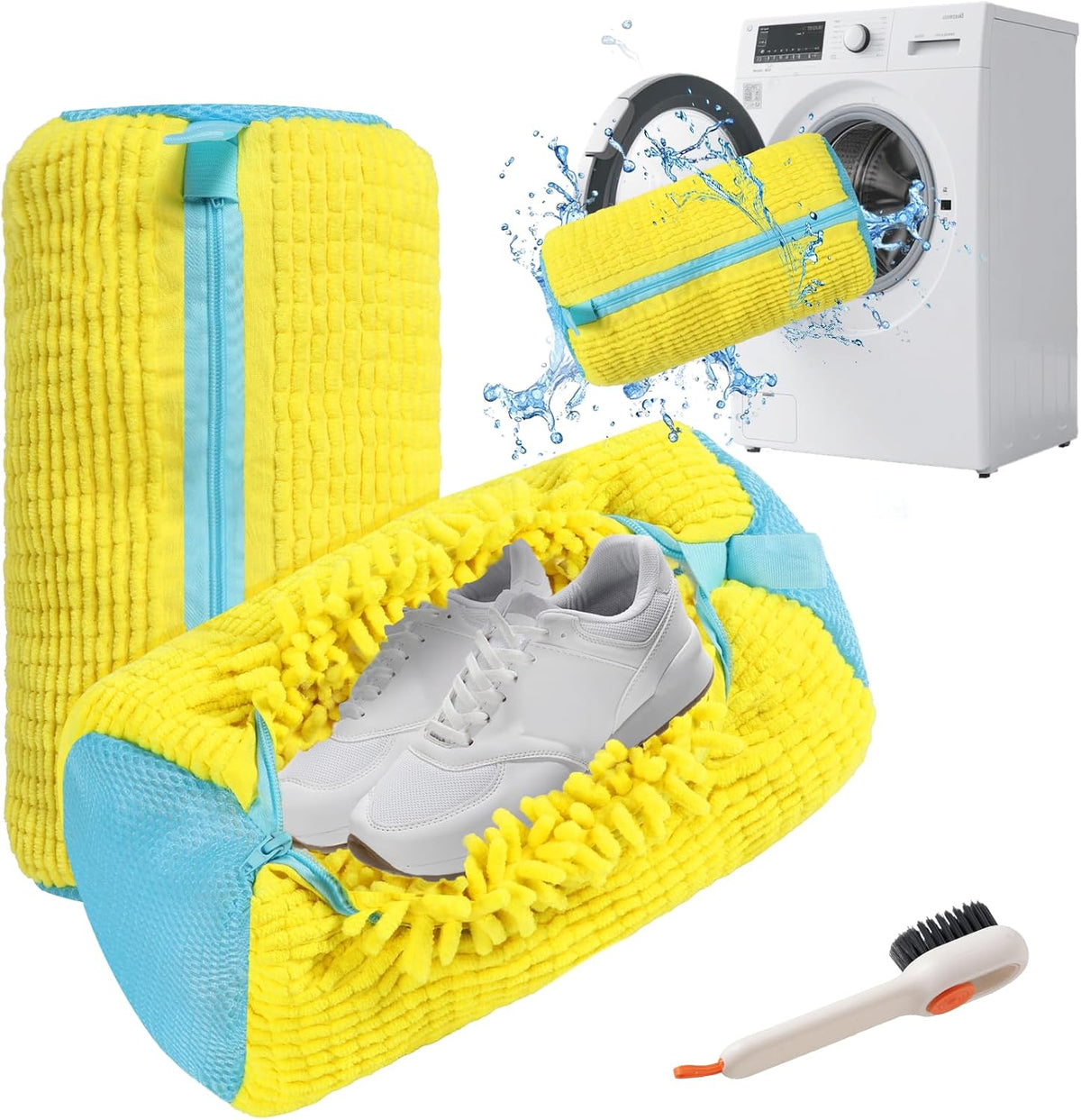 Shoe Washing Machine Bag - 2Pack Laundry Shoe Bag for Washer and Dryer, Reusable Shoe Cleaning Bag for All Shoe Sizes, 360° Deep Clean for Tennis Shoes, Sneakers, Includes 1 Brush (Yellow)