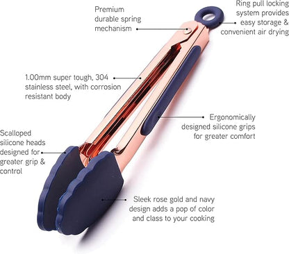 COOK WITH COLOR Stainless Steel Silicone Tipped Kitchen & BBQ Tongs Set, 2 Pc Mini Tongs, Blue