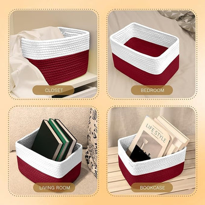 Hopegiver Woven Storage Baskets 11x8x7 Inch, 3 Pack Collapsible Cube Storage Bin for Shelves - Foldable Cotton Rope Organizer Bins for Towels, Toys, Books, Closet, Nursery (White Red)