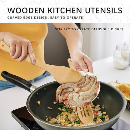 Wooden Spoons for Cooking, 4PCS Wooden Utensil Set Includes Slotted Spoon, Wooden Spoon & Wooden Spatula, Bamboo Cooking Utensils for Non-Stick Pans, Natural Bamboo Utensils