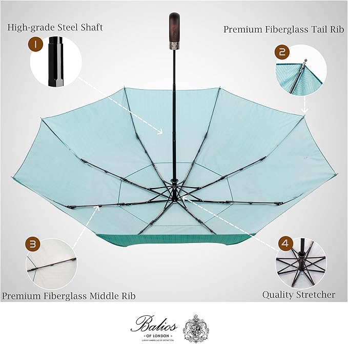 Balios Travel Folding Umbrella with Real Wood Handle Auto Open Close Vented Windproof Canopy - Designed in UK