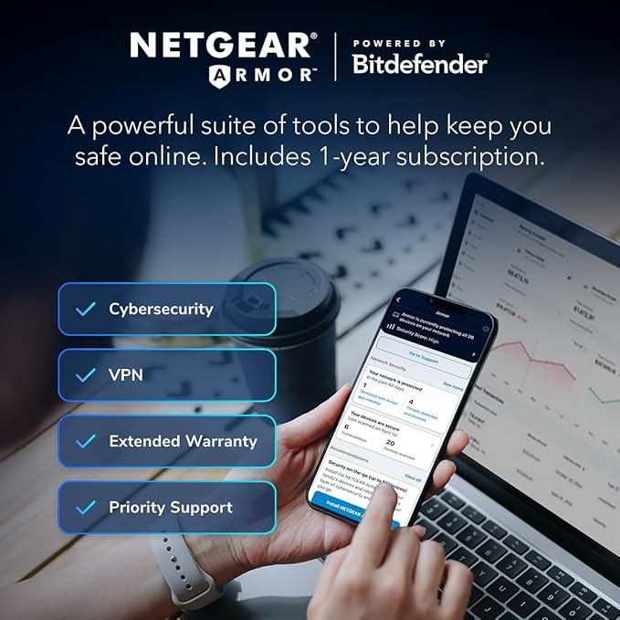 NETGEAR Nighthawk Tri-Band WiFi 7 Router (RS280S) - Security Features, BE9200 Wireless Speed (up to 9.2 Gbps) - Covers up to 2,500 sq. ft. - 2.5 Gig Internet Port – 1-Year Armor & Free Expert Help