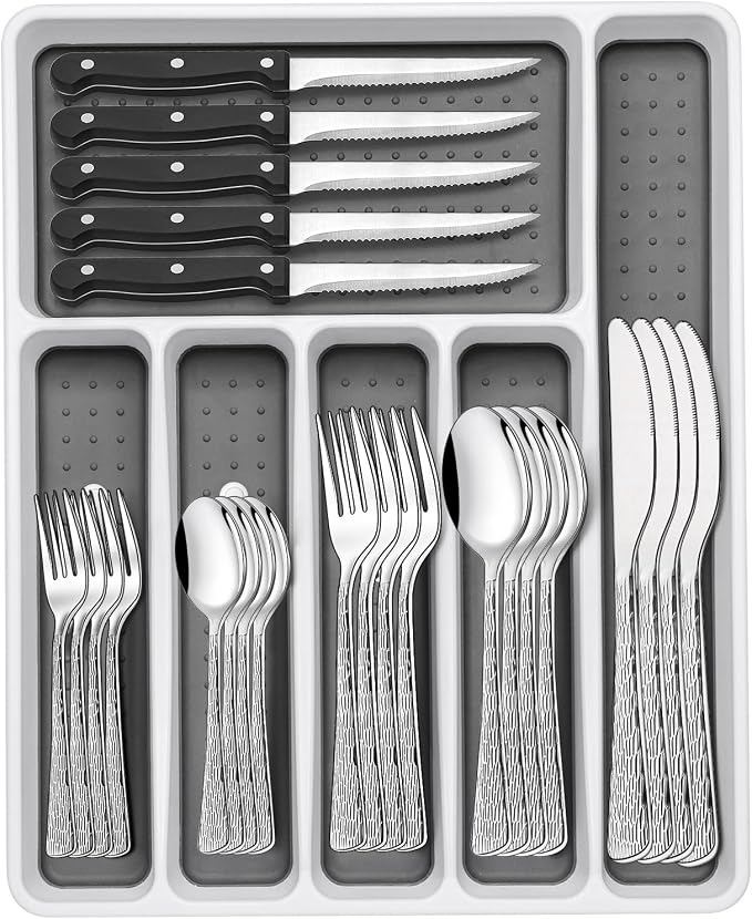 49-Piece Silverware Set with Organizer, Food-Grade Stainless Steel Flatware