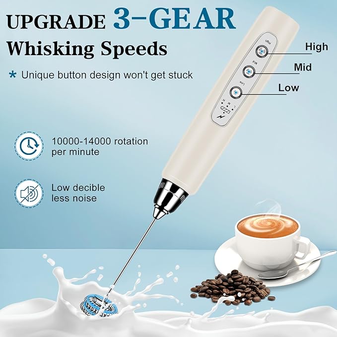 Milk Frother Handheld for Coffee, Electric Whisk 3 Speed Adjustable, Drink Mixer with Stainless 3 Whisks, Rechargeable Hand Frother Wand, for Latte Cappuccino Hot Chocolate Egg Beige
