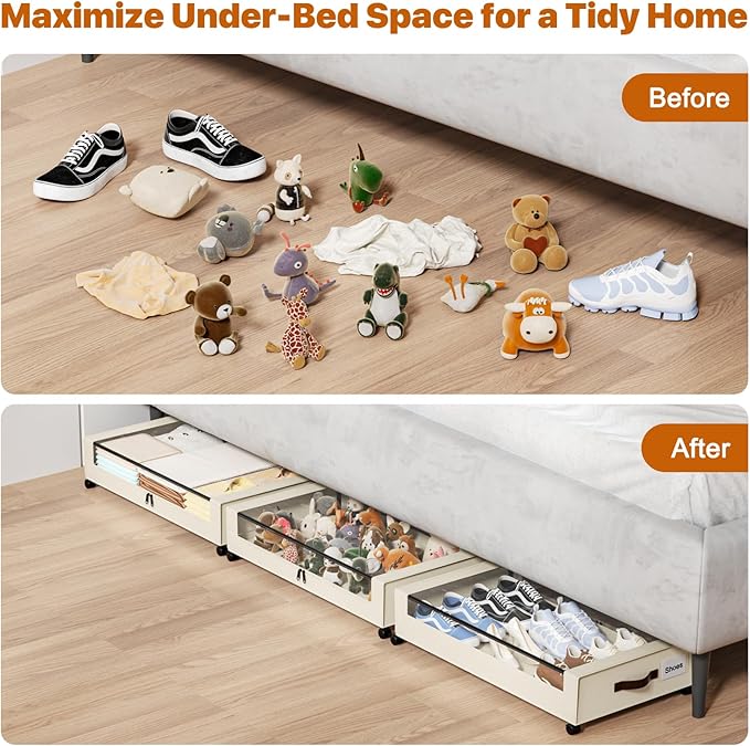 Under Bed Storage with Wheels, 4 Pack Under Bed Storage Containers with Clear Lids, XXL 60L Under-Bed Organizers for Clothes, Shoes – Durable Storage Bins with Smooth Rolling Wheels (White, 4 Pack)