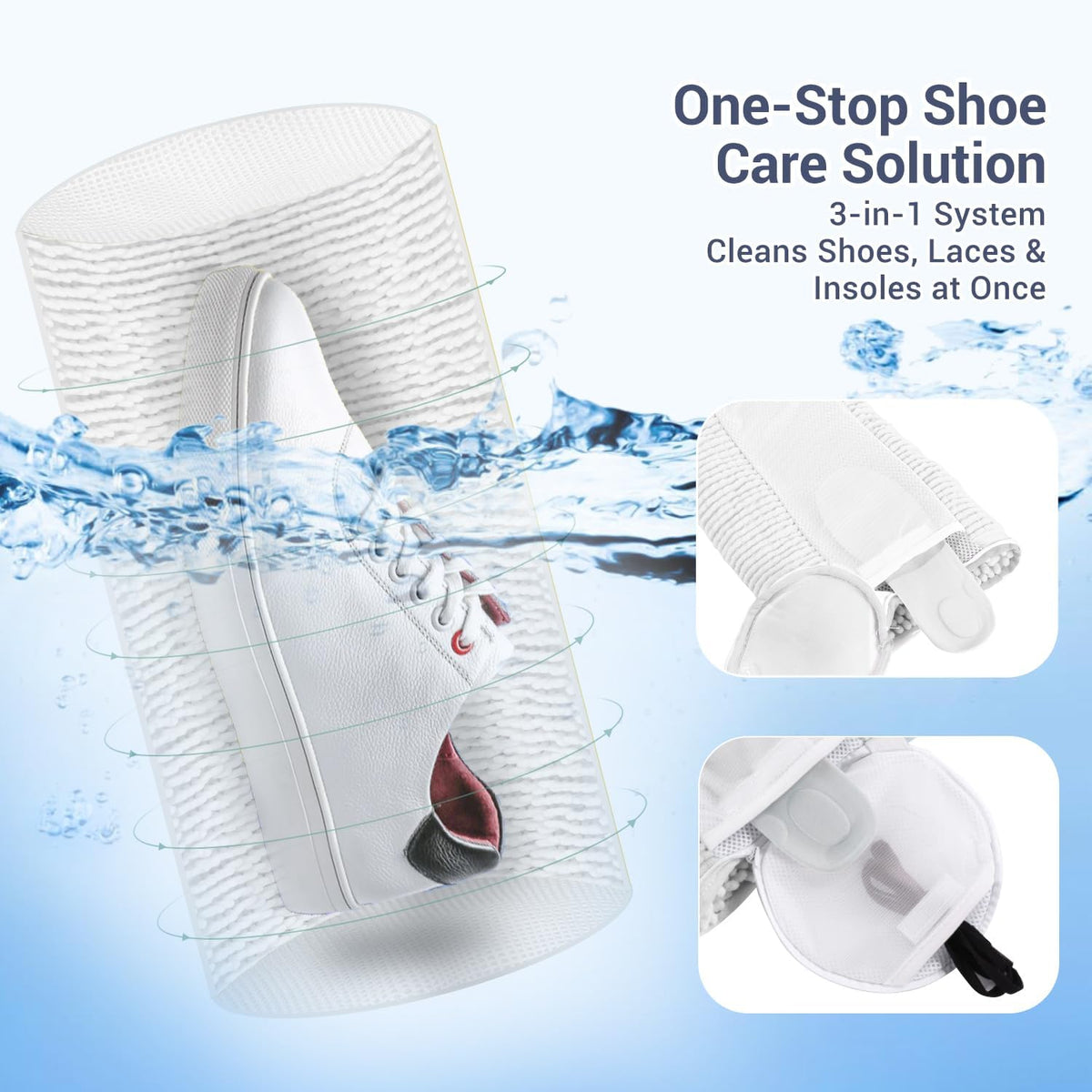 Shoe Washing Machine Bag with 2 Pockets - Wash Laces, Insoles & Socks All-in-One Shoe Laundry Bag for Washer & Dryer, Reusable Sneaker Cleaner Bag for Home Dorm Travel (2Pcs White)