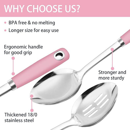 14-in Pink Cooking Spoons Set, Heavy Duty 18/0 Stainless Steel Large Serving Spoons Set, Slotted Spoon, Cooking Spoon & Soup Ladle, Commercial and Residential Use, Pack of 3
