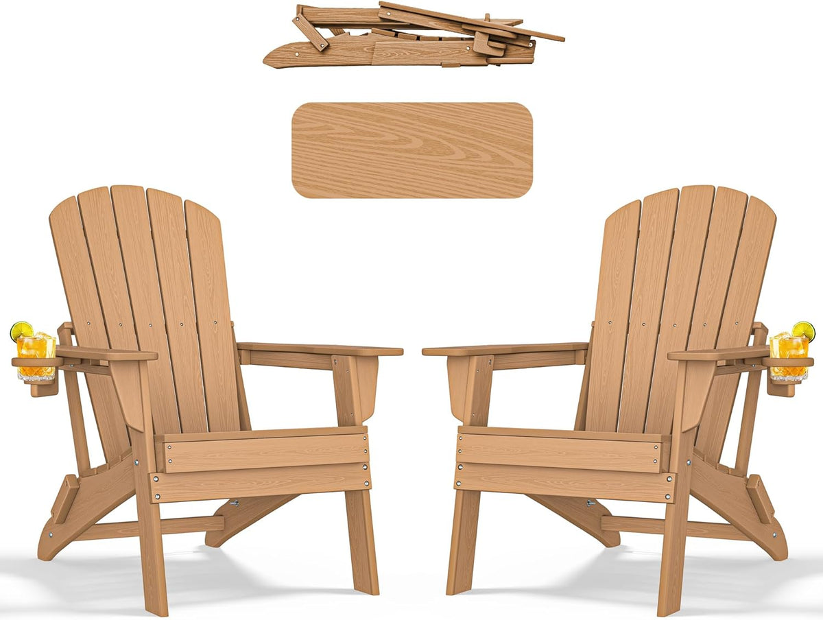 Folding Adirondack Chair - Extended Ergonomic Backrest, Cup Holder - Easy Assembly - Durable HDPE Plastic, Weather Resistant & Maintenance-Free - Lawn, Patio, Deck Supports 380lbs Teak