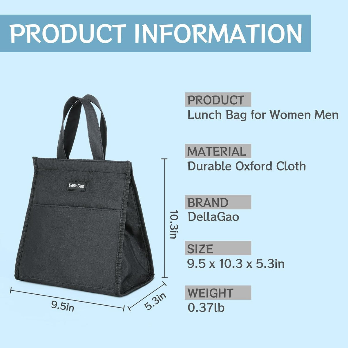 Della Gao Insulated Lunch Bag for Women Men, Waterproof Small Lunch Tote Lunch Box, Reusable Lunch Bags for Work, Party, Travel and Picnic (Black)