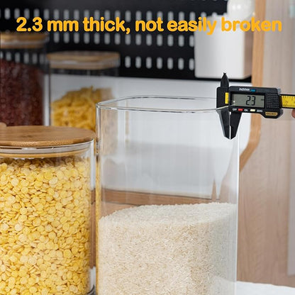 52oz Airtight Glass Square Storage Canister with Bamboo Lid Set of 3 (1550ml) Container Stackable Spice Jar, Kitchen Canister for Flour, Cookies, Cereal and Coffee beans (‎with Black Lable)