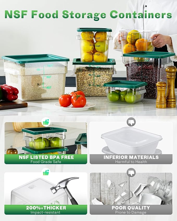 2QT NSF Food Storage Containers with Lids: 6 PCS [Total Food Grade][Hot&Cold Resistant] Commercial Clear Food Storage Containers for Restaurant Kitchen Proof Dough, Measuring Spoons Included(Green)
