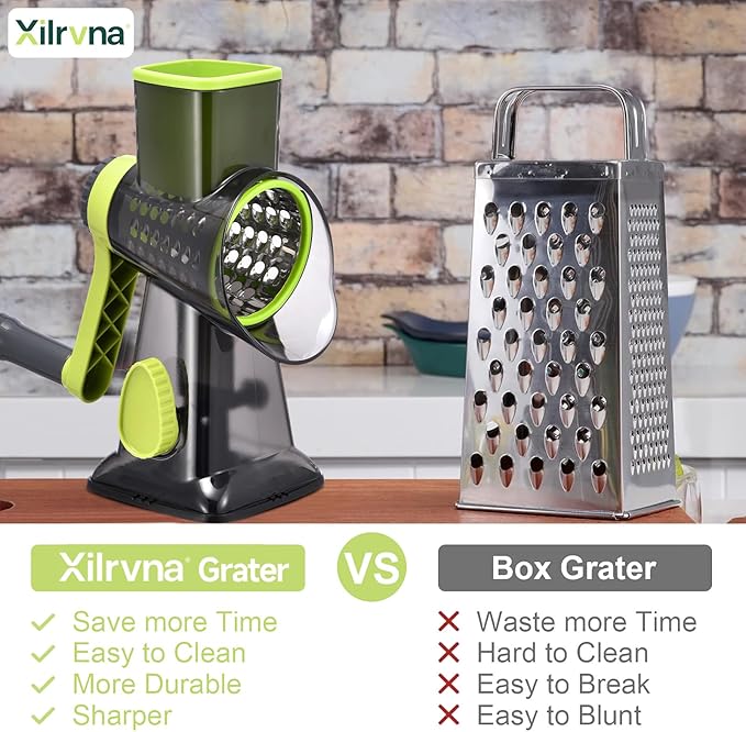 Rotary Cheese Grater with Handle Kitchen Shredder Slicer Grater Slicer Ice Shaver Cheese Vegetable Nuts Potato Zucchini Chocolate 3 Interchangeable Blades (Green TSP)