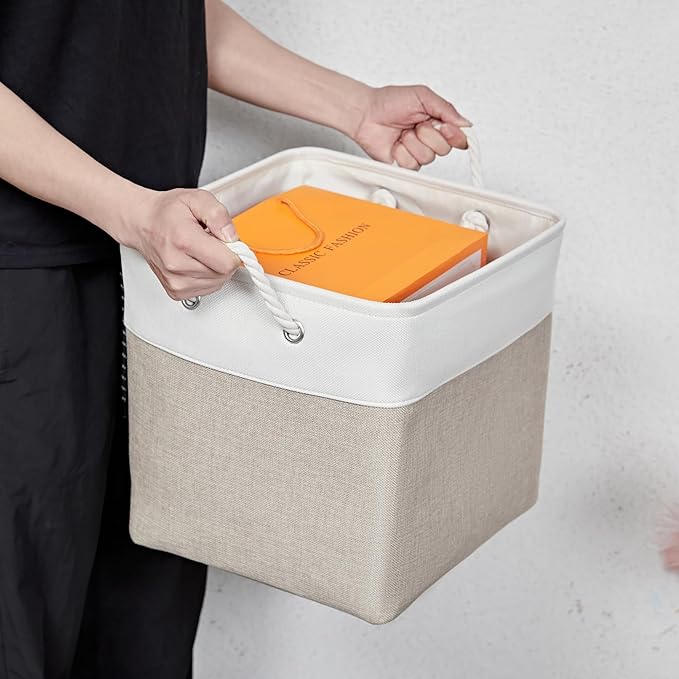 13 x 13 Inch Storage Cubes，6 Pack Cube Storage Bins for Shelves，Fabric Collapsible Storage Bins with Handles, Foldable Storage Basket for Organizing Clothes, Toys, Books (White&Beige)