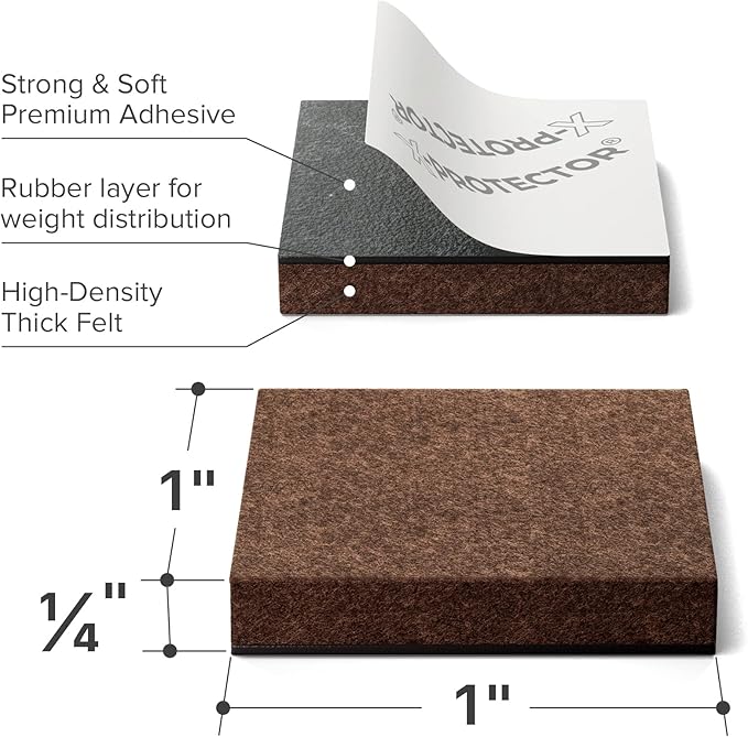24 Heavy-Duty Felt Furniture Pads 1” 1/4” Thick X-Protector! Square Felt Pads for Furniture Feet - The Best Felt Floor Protectors for Furniture to Prevent Scratches. Protect Your Hard Floor! (Brown)