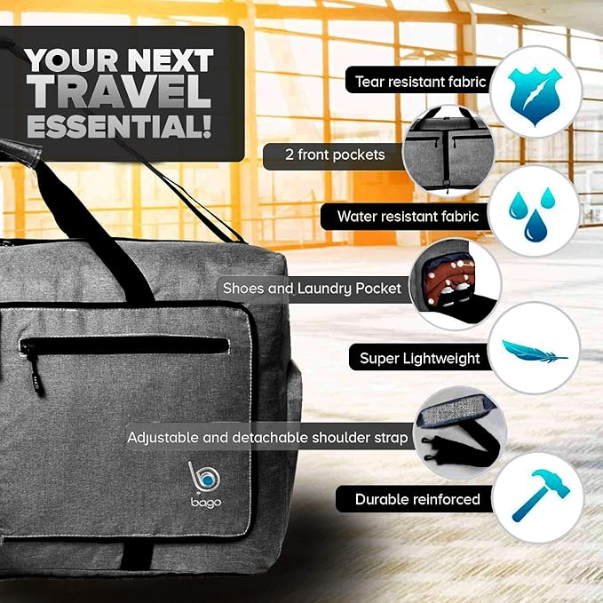 Bago Foldable Duffel Bags for Traveling Women & Men - 60L Medium Packable Duffle Bag for Travel with Shoe Compartment - Water Repellant, Heavy Duty, Lightweight Folding & Collapsible (SnowBlack)