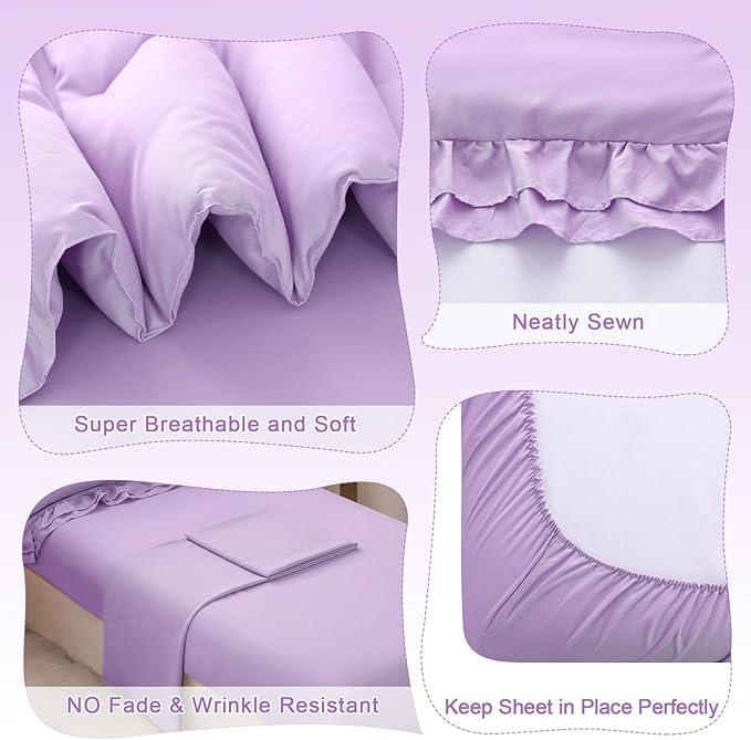 Wowelife 4 Pieces Toddler Bedding Set for Girls, Double Ruffles Comforter Sets Lavender Purple, Cozy and Comfortable Bedding Set Includes Comforter, Fitted Sheet, Flat Top Sheet and Pillowcase