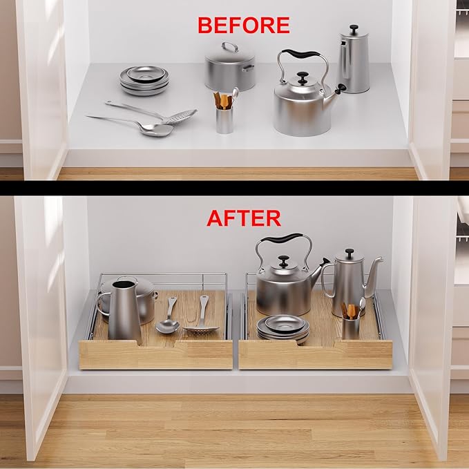 Pull Out Cabinet Organizer,Heavy-Duty Slide Out Shelf, Wood And Wire Basket, Pull Out Drawer for for Kitchen Under Sink Space, Pantry, Bathroom (23 * 21 WM)