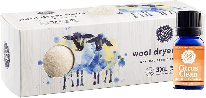 Woolzies Organic Wool Dryer Balls: 3 Pack XL Dryer Balls & Citrus Clean Essential Oil Blend | All Natural Laundry Fabric Softener Balls | Made with 100% New Zealand Wool | Best Essential Oil Balls