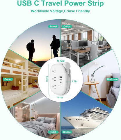 Alitayee USB C Travel Power Strip,Portable Power Strip with 3 Outlets 3 USB Ports Fast Charge, USB Extension Cord with Flat Plug and 4ft Wrapped Around Extension Cord for Cruise Travel Home Office