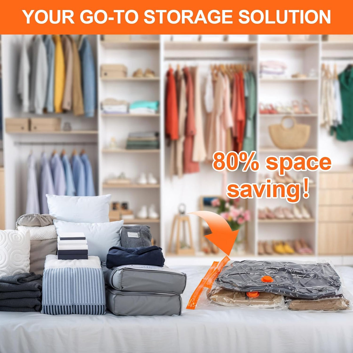 AGPTEK 12 Pack Vacuum Storage Bags(3 Jumbo/Large/Medium/Small) Compression Storage Bags for Blankets Clothes, Space Saver Vacuum Seal Bags for Clothing Bedding Travelling Luggage(Electric Pump)