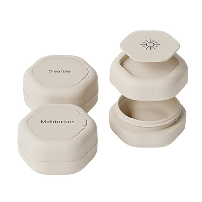 Cadence Travel Containers Basic Skincare Set - Magnetic Containers with Lids,Carry On Travel Essentials For Women/Men - 3 Small Capsules (0.56oz) - Cleanser, Moisturizer & Sun-Icon Labels - Sand