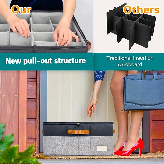 Shoe Organizer for Closet, Foldable Shoe Storage Bins with Clear Cover, Space Saving Shoes Holder with 4 Handles, Large Adjustable Shoe Box Storage Containers, Fits 12-24 Pairs, 2 Pack, Black