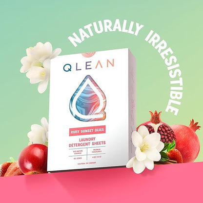 QLEAN Laundry Detergent Sheets – Travel-Friendly, HE & Standard Washer Safe, Liquidless Laundry Soaps, Quick-Dissolving Formula, Skin-Friendly (120 Loads, Ruby Sunset Bliss)