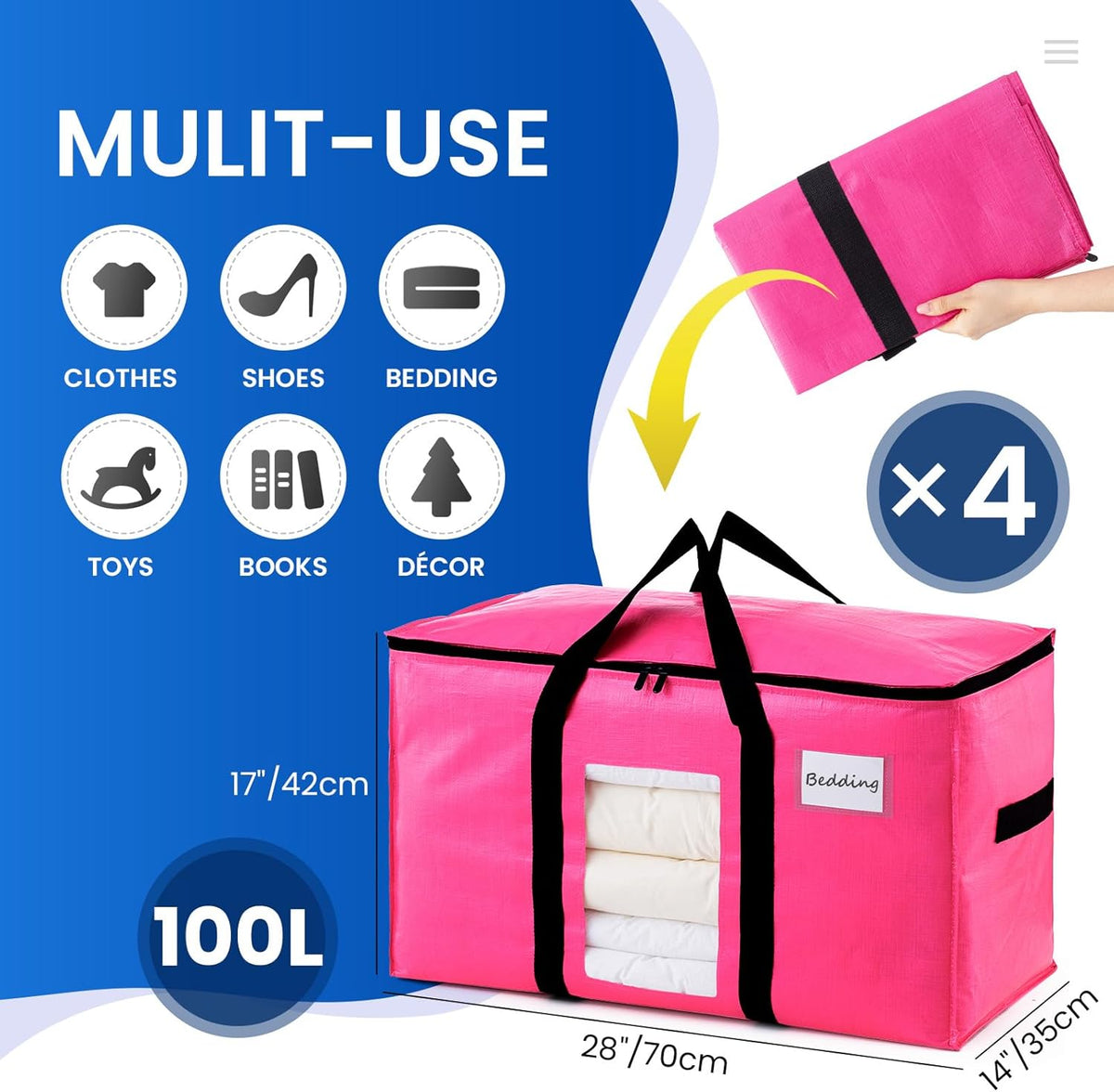 TAILI 4 Pack Pink Extra Large Moving Bags, Heavy Duty Totes with Visible Window, Wrap Around Handles, Great for Storage, Space-Saving